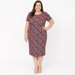 LuLaRoe Julia Dress 2XL Red Blue Star Print Bodycon Stretch Knee Length 4th July